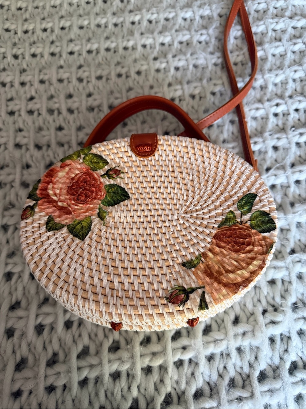 Round Woven Floral Crossbody Bag in Cream and Tan